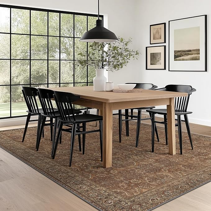 BESBLEE 4X6 Area Rugs Machine Washable Rugs for Living Room, Vintage Boho Large Rugs for Bedroom Dining Room, Non Slip Indoor Soft Distressed Lightweight Thin Low Pile Carpet, Rustic Brown