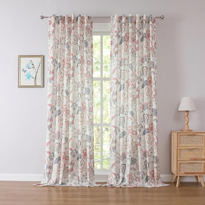 Kayne Studio Navy Red Curtain Panels Linen Textured Botanical Leaf Print Floral Farmhouse Linen Curtain Drapes Light Filtering Window Treatments Living Room Bedroom Rod Pocket Back Tab,52"x102"x2