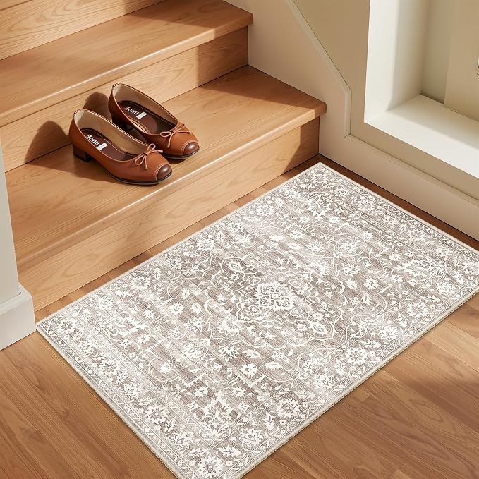 Soalmost 2x3 Area Rugs for Entryway, Washable Neutral Soft Rug Light Brown | Vintage Floral Low Pile Non-Slip Throw Rugs, Accent Rug Floral Indoor Mat for Bedside Living Room Kitchen Bedroom 2'x3'