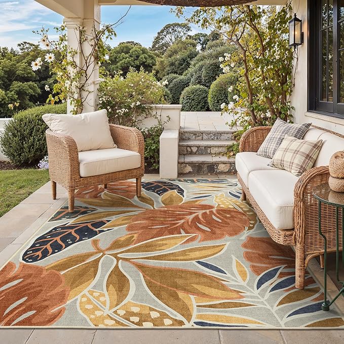 GENIMO 8x10 Outdoor Rug, Washable Quick Dry for Patio, Rust Ochre | Botanical leaf design for backyard; fade resistant chenille with quick-dry non-slip backing for indoor living rooms.