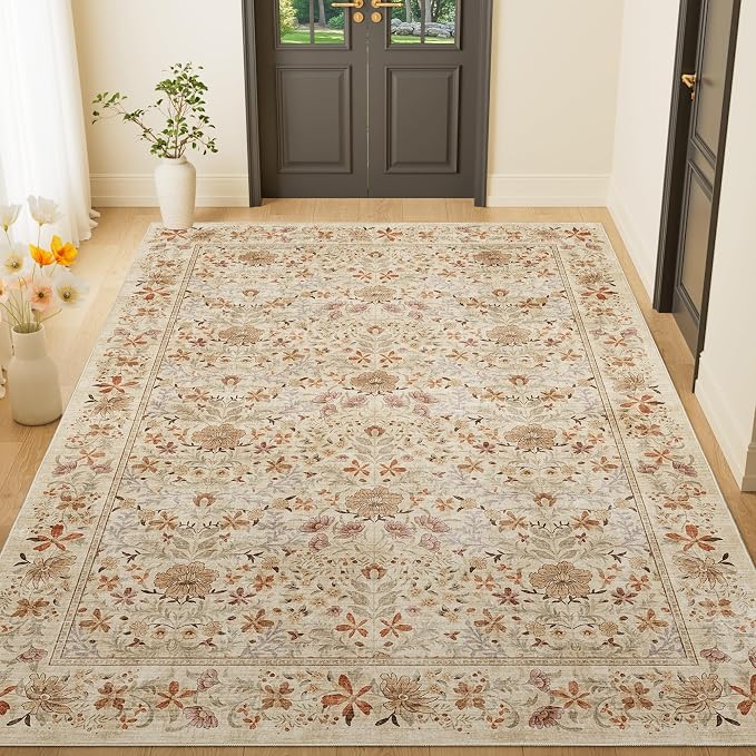 DUKINO 4x6 Rug for Living Room, Washable Vintage Floral Area Rug, Beige | Non Slip, Low Pile, Non-Shedding, Aesthetic Lightweight Soft Indoor Carpet for Bedroom Kitchen Bathroom Entryway Farmhouse