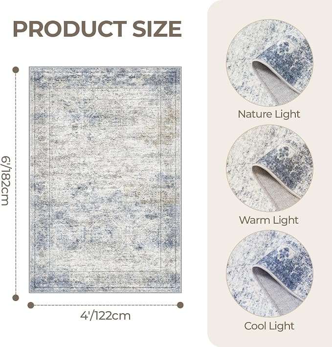 4x6 Area Rug for Entryway,Washable Kitchen Rug,Blue | Small Rug for Hallway,Bedroom,Living Room,Dining Room,Thin,Soft, Neutral Rug,Stain Resistant Indoor Carpet,Non Slip