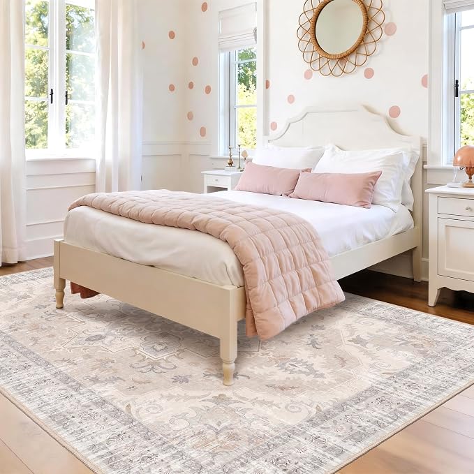 6x9 Bedroom Rug, 6x9 Area Rugs, Soft Non-Slip Vintage Medallion Rugs, Low-Pile Printed Washable Rug Carpet for Living Room, Bedroom, Kids Room, Nursery -Light Blush & Cream | 6x9 Bedroom Rug, Soft Low-Pile Printed Washable Rug Carpet for Living Room, B...
