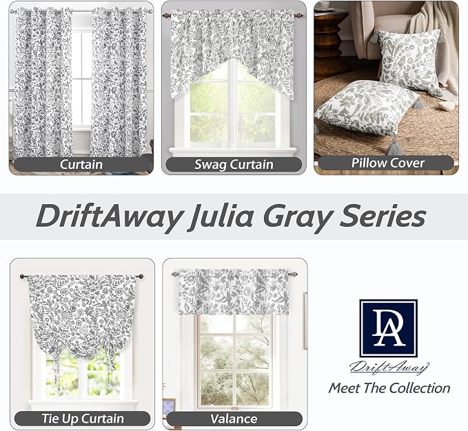 DriftAway Julia Blackout Curtains Grommet 2 Panels, W52xL63, Gray | Floral Curtains, Bedroom, Living Room, Room Darking, Watercolor Pattern, 2 Layers, Thermal Insulated, Window Treatment