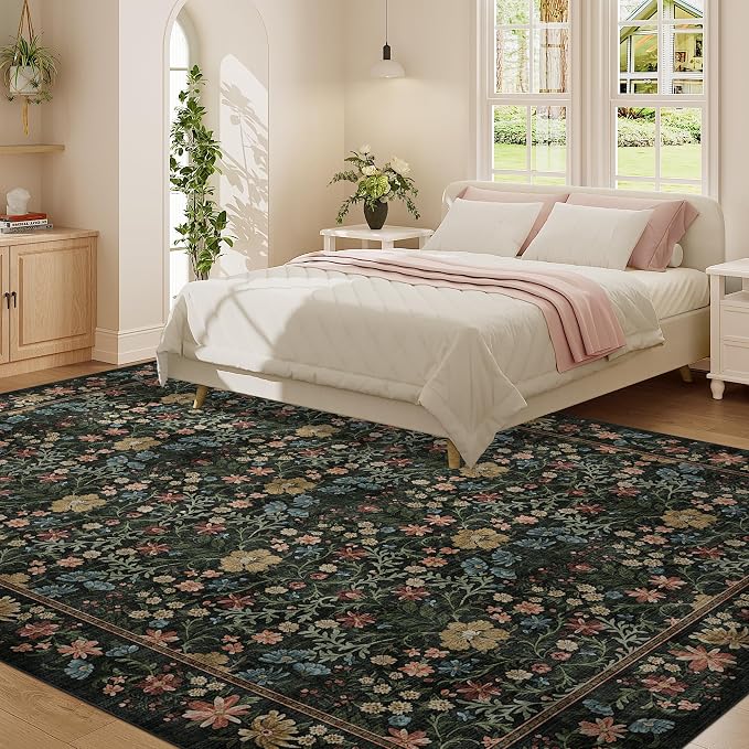 DUKINO 9x12 Area Rug for Living Room, Vintage Floral Washable Rugs, Black | Non Slip, Low Pile, Non-Shedding, Stain Resistant, Aesthetic Soft Indoor Large Carpet for Bedroom, Dining Room, Farmhouse