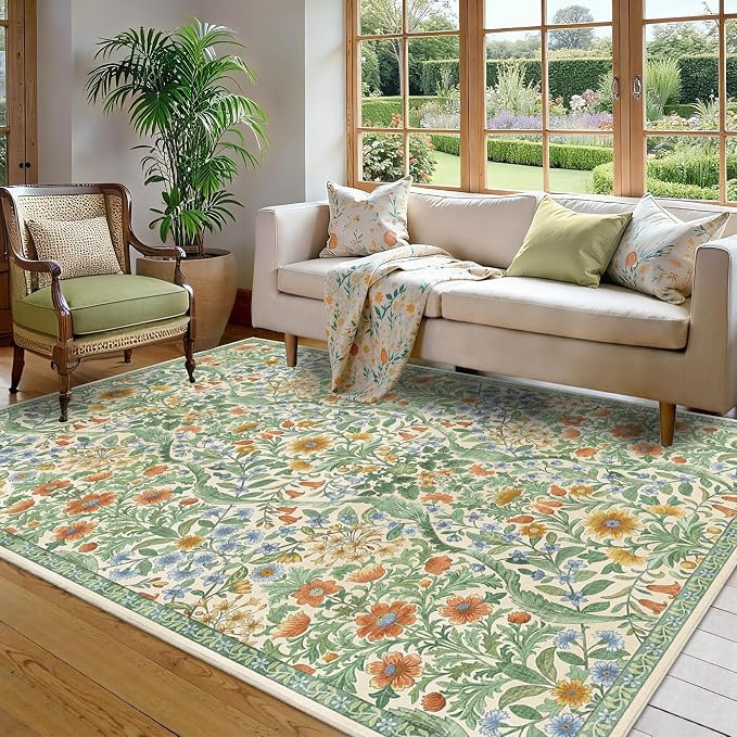 Floral Washable 6x9 Area Rug，Grass Green Boho Rugs for Living Room, Soft Low-Pile Non-Slip Stain Resistant & Non-Shedding Carpet for Bedroom, Dining Room, Office, Entryway, Nursery