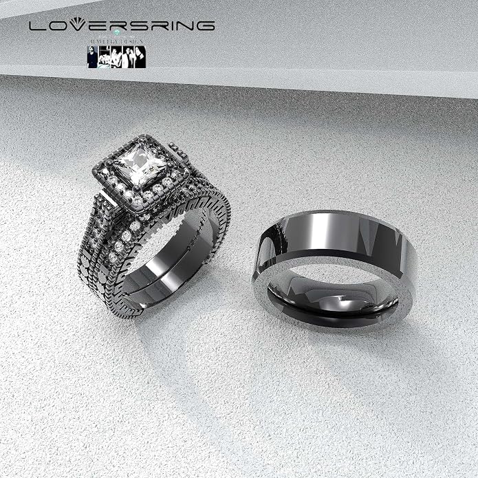 Couple Ring Bridal Set His Hers Women 10k White Gold Filled AAA Cz Men Stainless Steel Wedding Ring Band Set