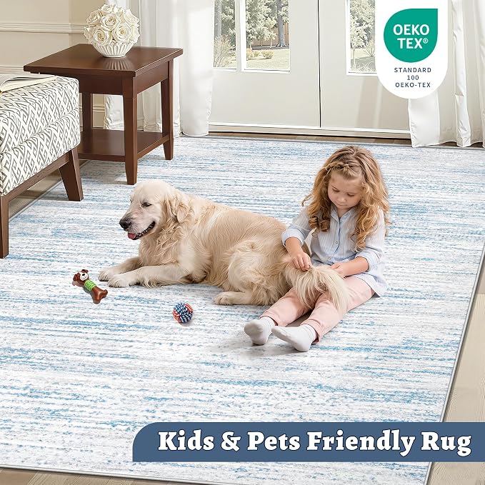 Area Rug 8x10 Living Room Rugs: Washable Modern Rug Large Non-Slip Soft Rugs Stain Resistant Printed Rug Indoor Carpet for Bedroom Kitchen Dining Room Nursery Playroom Home(Blue, 8'x10')