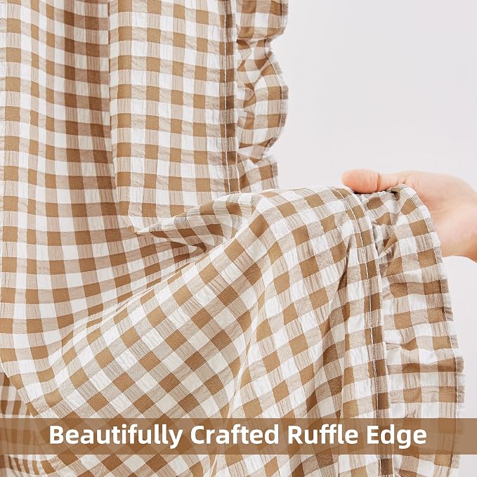 ZJDECOR Short Brown White Buffalo Plaid Crinkle Ruffle Curtains 63 Inch | Neutral Not-See-Through Drapes,Bedroom Living Room,Pretty Cute Farmhouse Window Treatment,Rod Pocket,40"Wx63"L,Pack of 2