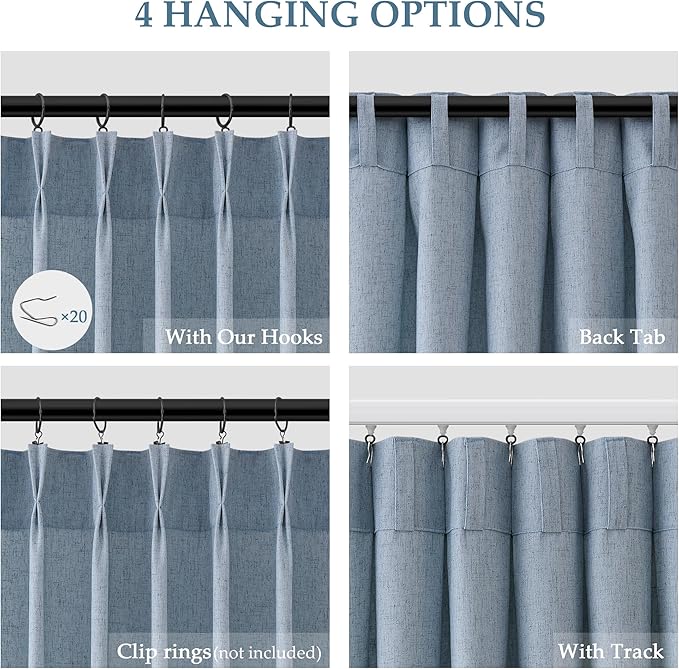 Stone Blue Pinch Pleated Linen Curtains 102 Inches Long for Living Room Bedroom Pinch Pleat Drape with Hooks Rings Light Filtering 102 Inch Length Curtain Sliding Patio Door 2 Panels Dusty Blue