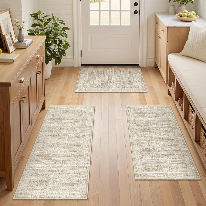 Kitchen Rugs Sets of 3, 2x3 2x4 2x5 Rug Runner,Brown | 3 Piece Washable Rug for Hallway,Entryway,Bedroom,Dining Room,Thin,Soft Runner Rug,Stain Resistant Indoor Carpet,Non Slip