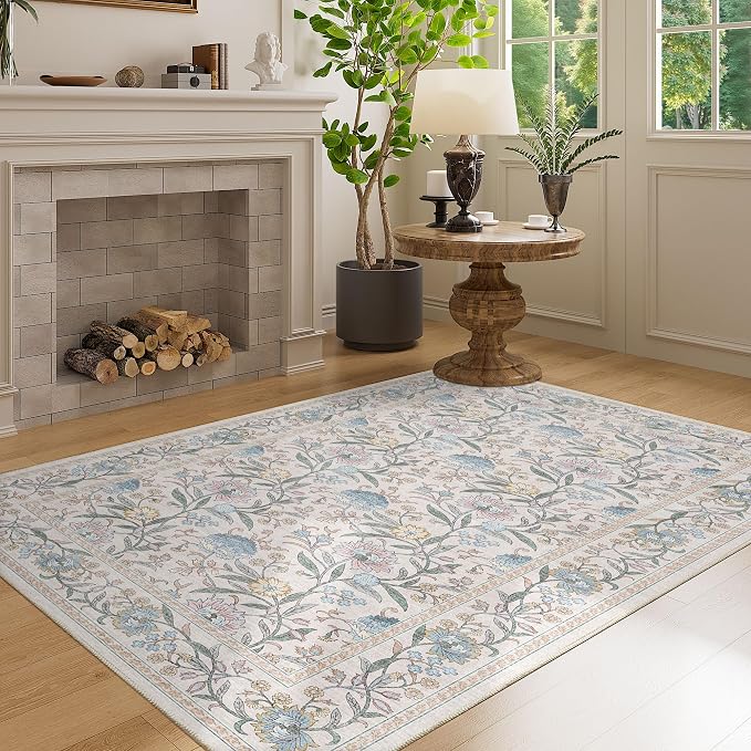 DUKINO 3x5 Rug Washable Vintage Floral Bedroom Area Rug Non Slip Cream Blue | Low Pile, Non-Shedding, Stain Resistant Boho Lightweight Soft Indoor Carpet for Bathroom Office Dining Living Room Farmhouse