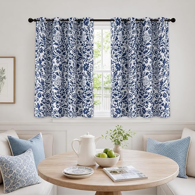 DriftAway Julia Blackout Curtains Grommet 2 Panels, W52xL36, Navy | Floral Curtains, Bedroom, Living Room, Room Darking, Watercolor Pattern, 2 Layers, Thermal Insulated, Window Treatment
