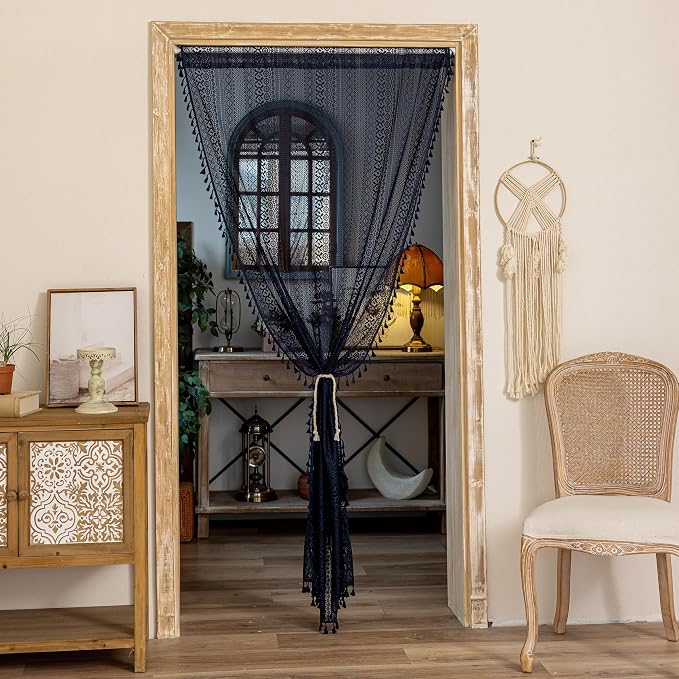 Sutuo Home Navy Blue Boho Doorway Curtain for Doorway Closet, Lace Sheer Door Curtain for Sliding Door Crochet Vintage Tassels Bohemian Privacy Temporary Room Divider Rod Pocket,1 Panel 37" x 80"