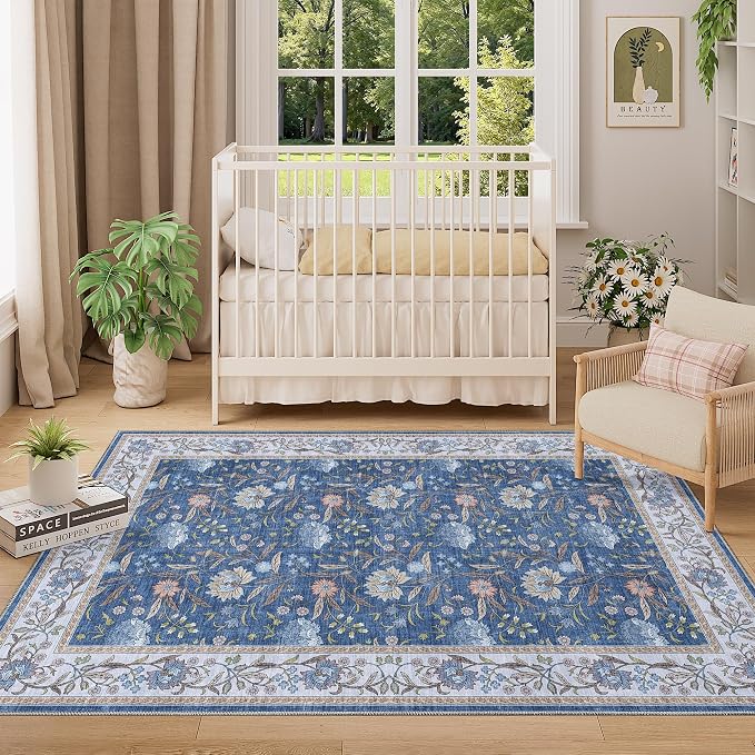 DUKINO 4x6 Area Rug, Washable Vintage Floral Rug for Living Room, Sky Blue | Non Slip, Low Pile, Stain Resistant Boho Lightweight Soft Indoor Carpet for Bedroom Office Dining Room Entryway Farmhouse