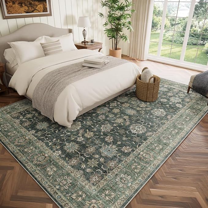 Boho Washable 8x10 Area Rugs for Living Room, Cushioned, Sage Green | Vintage Non-slip Neutral Oriental Rugs for Bedroom Dining Room Nursery Office High Traffic Area