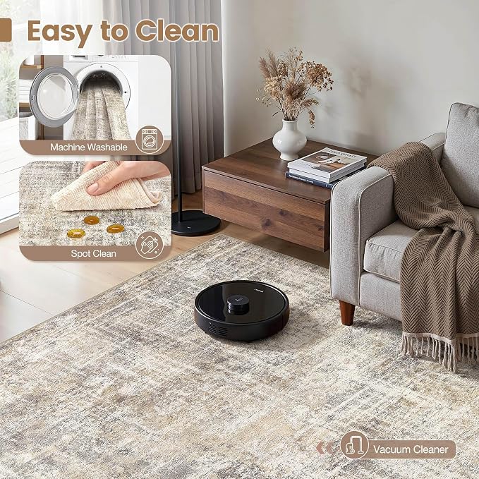 cotiled Washable 8x10 Area Rug for Living Room - Modern Abstract Carpet with Non-Slip Backing, Low Pile & Soft, Stain Resistant, Kid & Pet Friendly Decor for Bedroom & Dining Room - Gold Brown