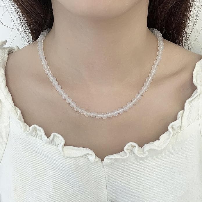 Kakikaki Natural Agate Choker Necklace Sterling Silver Round Beads Strand Necklace for Women