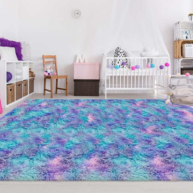 Soft Fluffy Purple Rainbow Rug for Bedroom Kids 6x9 Mermaid Stitch Rugs for Girls Bedroom Fuzzy Shag Carpet Cute Plush Shaggy Rugs for Living Room Kids Room Baby Toddler's Room Nursery Decor