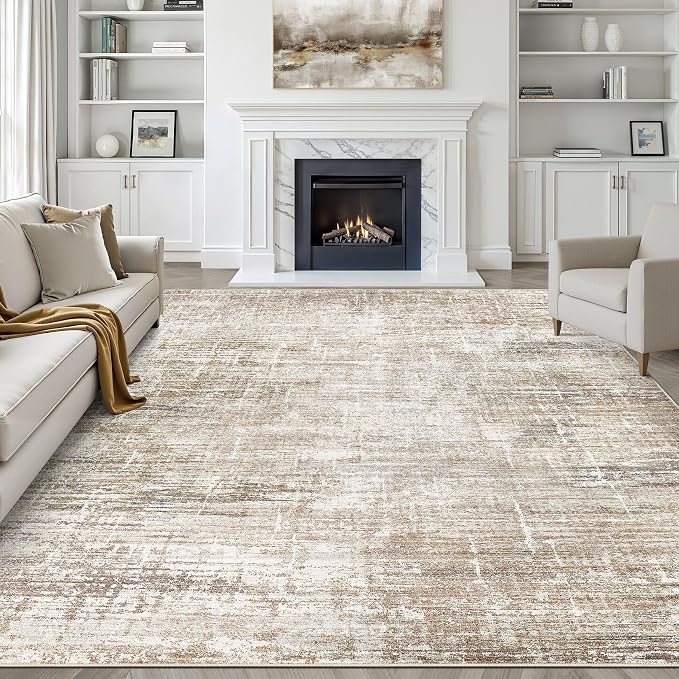 9x12 Area Rug Living Room: Washable Large Neutral Rug Abstract Soft Modern Stain Resistant Indoor Floor Non-Slip Carpet for Bedroom Nursery Kids Office Playroom Dining Room Under Table- Dark Brown