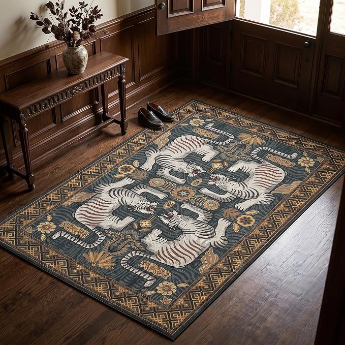 GarveeHome 3x5 Tiger Washable Area Rug for Entryway, Boho Blue Bedroom Rug Non Slip Vintage Tribal Soft Animal Print Carpet Stain Resistant Throw Rug for Kitchen Dorm Kids Room Office Dining Room