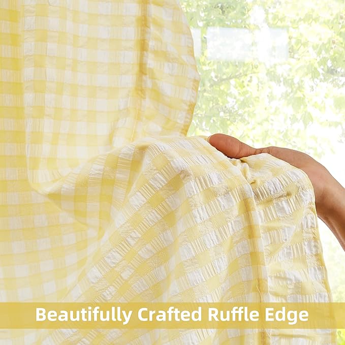 ZJDECOR Yellow Buffalo Plaid Ruffle Window Curtains 72 Inches Length | Crinkle Ruffle Cortinas,Nursery Kids Room,Not-See-Through Sheer Drapes,Farmhouse Window Treatment,Rod Pocket,40"Wx72"Lx2