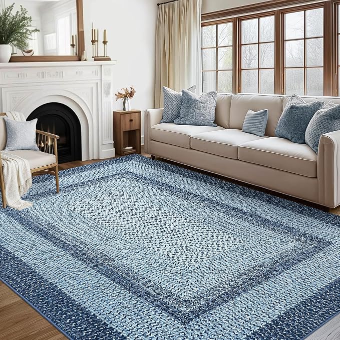 RUGSREAL 8x10 Braided Print Area Rug Washable Rug Non Slip Farmhouse Rustic Floor Carpet Boho Dining Room Carpet Modern Geometric Throw Floor Cover Bohemian Border Rug for Living Room Bedroom, Blue
