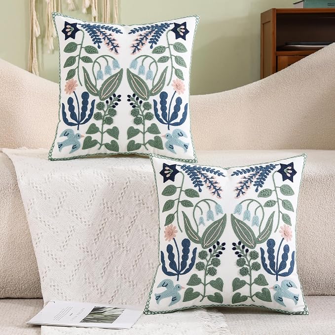 Embroidered Throw Pillow Covers 18x18 Pack of 2 Green and Navy Blue Leaves with Birds Pillow Covers Floral Tufted Pillowcases Summer Decorative Coastal Pillow Cushion Cases