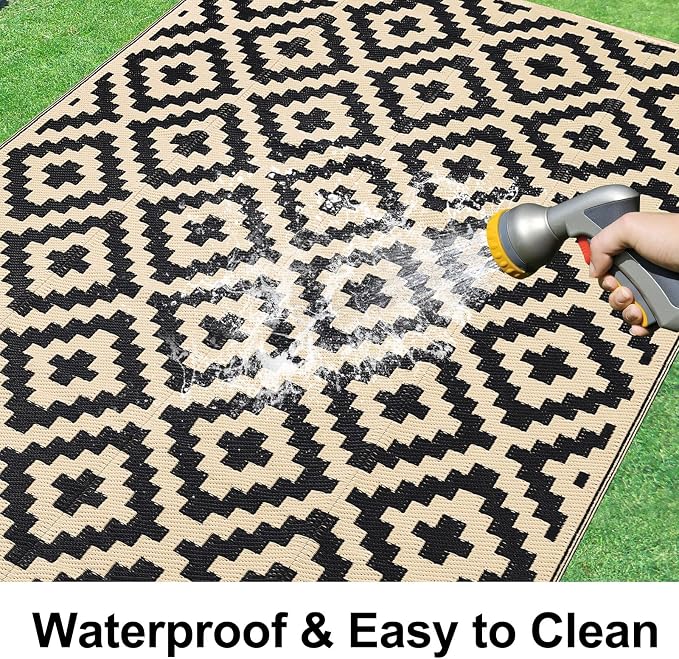 Smiry Waterproof Outdoor Rug 8x10 ft, Reversible Plastic Straw Patio Camping Rugs, Outdoor Indoor RV Mat Carpet for Patio, Outside Entry, Backyard, Deck, Bench, Picnic, Camper, Black & Beige