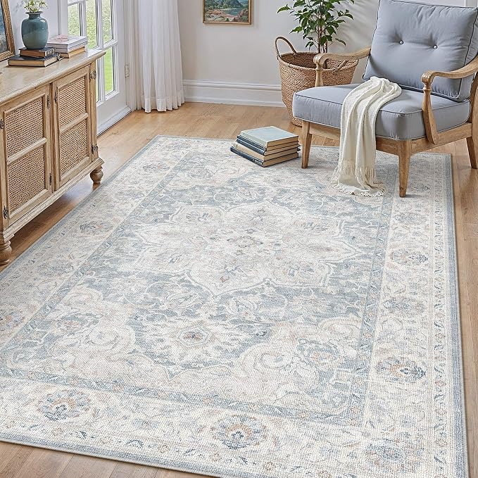 HUGEAR Blue 4x6 Washable Area Rugs Vintage Indoor Carpet | Living Room Rug,Bedroom,Dining Room,Office,Farmhouse,Non-Shedding,Non Slip,Low Pile,Soft