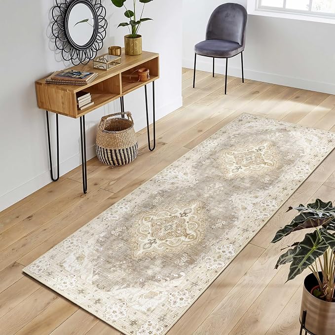 MUJOO Beige Runner Rug Washable 2x6 Area Rugs Non Slip Low-Pile Floral | Long Throw Carpet for Hallways Entryway Kitchen Bathroom Bedside Bedroom Laundry Boho Soft Indoor Vintage Bohemian Flowers
