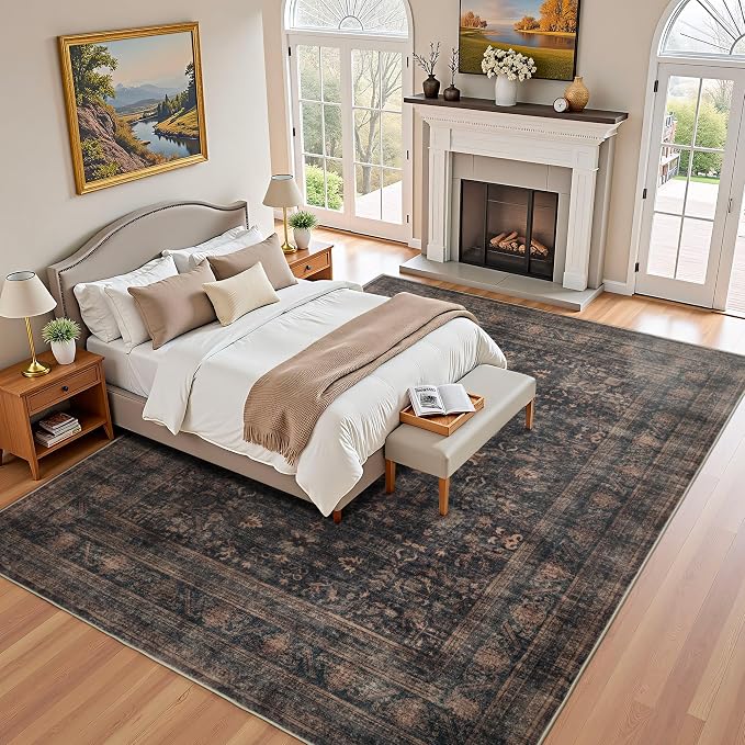 8x10 Vintage Washable Area Rug, Bordeaux Brown | Living Room,Low Pile Non Slip Carpet Non-Shedding Large Soft Indoor Stain Resistant Floral Print Mat for Bedroom Dining Room