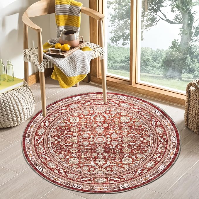 OPPODREAM Vintage Red Round Rug 4ft, 4 ft Retro Washable Circle Rug Non Slip, Low-Pile Faux Wool Circular Carpet, Distressed Floor Mat for Living Room, Bedroom, Office, Dorm, Dinning Room