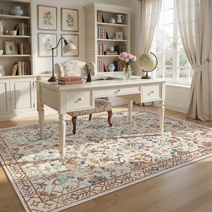 Beige Colorful Vintage Area Rug 5x7 for Living Room Bedroom, Washable Farmhouse Soft Thin Non-Shedding Indoor Throw Rug, Traditional Accent Carpet for Bedroom Office