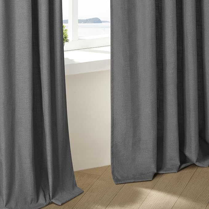 Charcoal Grey 84 Inch Pinch Pleated Linen Semi Sheer Curtains 2 Panel Set | for Living Room Dining Bedroom, Thick Linen Textured Drapes, Light Filtering, Pinch Pleat with Back Tab, Dark Slate Grey