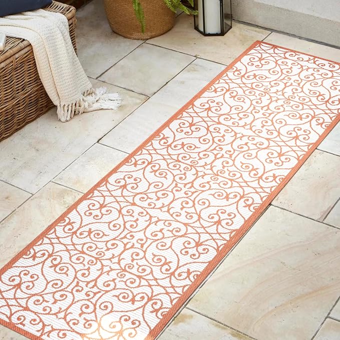 JONATHAN Y Vintage Filigree Indoor Outdoor Runner Rug 2X8 Cream/Orange, Madrid Textured Weave for Backyard, Patio, Porch, Easy-Cleaning, High Traffic, Pet-Friendly, Non-Shedding (SMB107L-28)