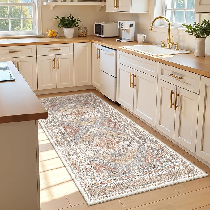 zesthome 3x6 Runner Rug Non Slip, Thin Entryway Washable Rug for Entryway, Runners for Hallways, Low Pile Vintage Abstract Soft Rugs for Living Room, Kitchen, Bedroom(Orange,3'x6')