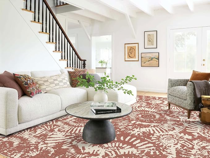 BLISSA Boho Living Room Rug - 8x10 Soft Washable Bedroom Area Rug Non-Slip Low-Pile Terracotta Modern Farmhouse Rugs for Living Room Bedroom Nursery Foyer Dining Room Rugs Under Table Large Carpet