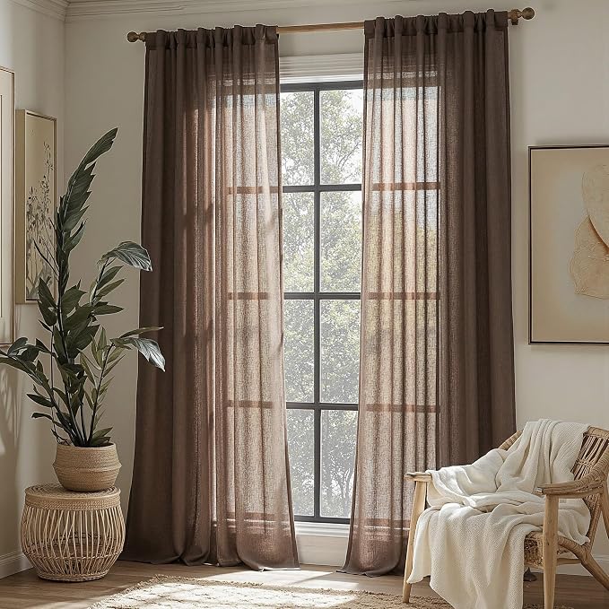 MYSKY HOME Dark Brown Curtains for Beroom Liivng Room 84 Inch Length 2 Panels Set, Semi Sheer Soft Touch Light Filtering Drapes for Sliding Glass Door Farmhouse Boho Curtain, 50" Wide, 2 PCs