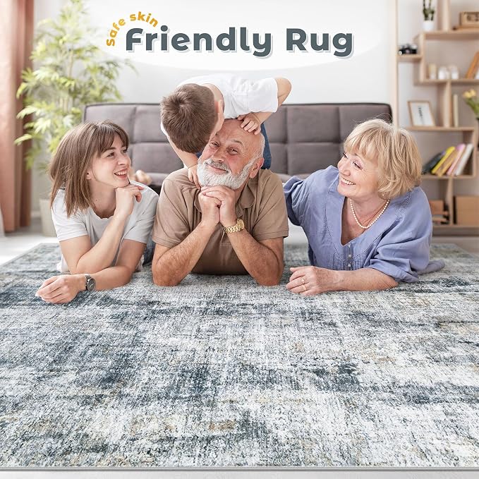 6x9 Area Rug for Living Room: Washable Abstract Soft Rugs Non Slip Modern Stain Resistant Low Pile Carpet for Dining Room Bedroom Nursery Office (Multi Blue, 6'x9')