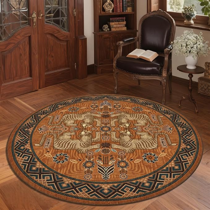 GarveeHome Tiger Round Area Rugs for Bedroom, 5ft Boho Orange Animal Print Circle Rugs Non Slip, Washable Vintage Tribal Floor Carpet for Dining Room Entryway Nursery Playroom Office