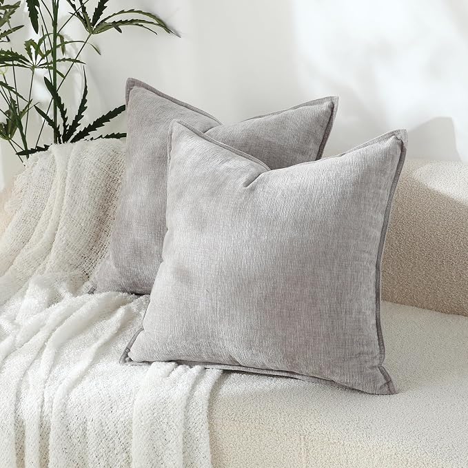 Stellhome Pack of 2 Soft Textured Throw Decorative Pillow Covers Square Accent Solid Chenille Cushion Cover Cozy Farmhouse Pillow Case for Couch Sofa Bedroom Living Room 26x26 Inch, Grey