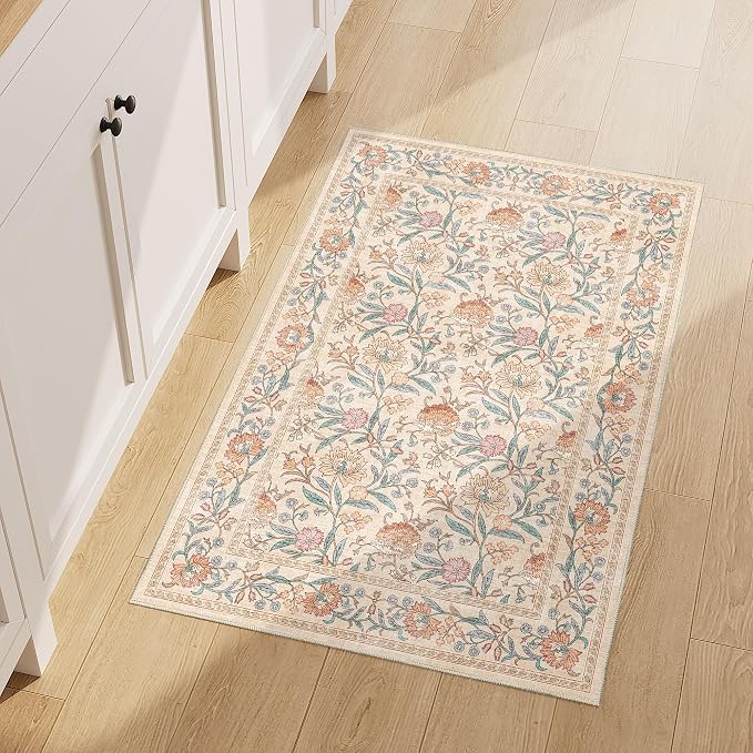 DUKINO 2x3 Rug, Washable Vintage Floral Bathroom Rugs Non Slip, Beige | Low Pile, Stain Resistant Boho Soft Indoor Door Mat, Small Front Door Carpet for Entryway Kitchen Laundry Bedroom Farmhouse