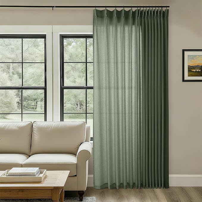 Olive Green Extra Wide Pinch Pleated 100 x 102 Inch Linen Curtains | for Living Room Patio Glass Sliding Door, Light Filtering Semi Sheer, Pleat Drape, Hooks Rings, Back Tab, 102 Inches Long