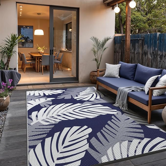 GENIMO Outdoor Rug, Waterproof Plastic Rugs for Patio, 5'x8' Blue White | Outside Larger Leaf Carpet Mat for Porch Decor, Deck, Balcony, Camping, RV, Backyard, Picnic, Beach, Reversible, Foldable