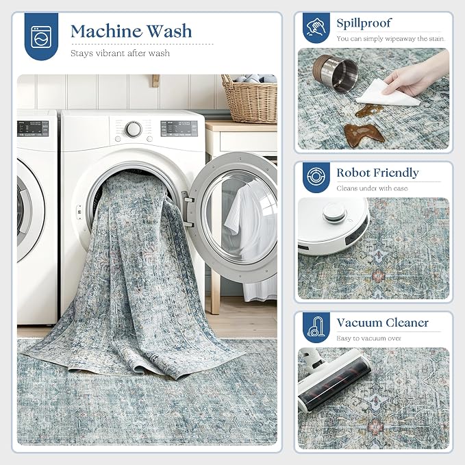 Beauoop 2x3 Washable Blue Neutral Vintage Distressed Oriental Entryway Rug | Non Slip Low Pile Oriental Soft Thin Small Carpet Throw Rugs Door Mat Retro Entry Entrance Kitchen Bedroom Bathroom Laundry