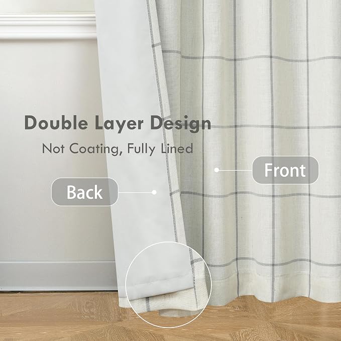 DriftAway 100% Blackout Plaid Linen Curtains 108 Inches Long 2 Panels Gray | 100% Blackout, Linen Texture, Plaid Pattern, Two Layers, Rod Pocket & Back Tab, Bedroom Living Room Use, Luxury Appearance