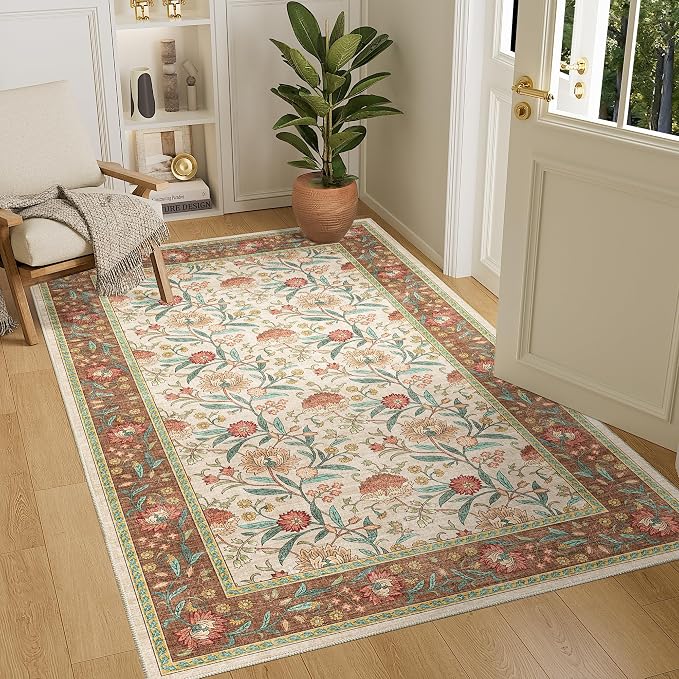 DUKINO 4x6 Area Rug, Washable Vintage Floral Rug for Living Room, Brown | Non Slip, Low Pile, Stain Resistant Boho Lightweight Soft Indoor Carpet for Bedroom Office Dining Room Entryway Farmhouse