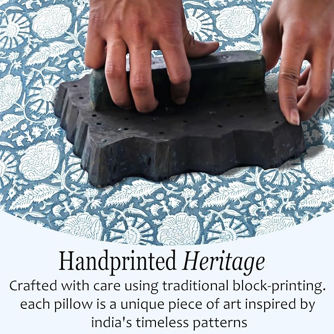 CPC Blue Meadow Hand Block Print 100% Cotton Ruffle Throw Pillow Cover 20x20 inch with Hidden Zipper Decorative for Couch, Bed, Sofa, Farmhouse, Cottagecore Decor Gift Christmas Fall Thanksgiving