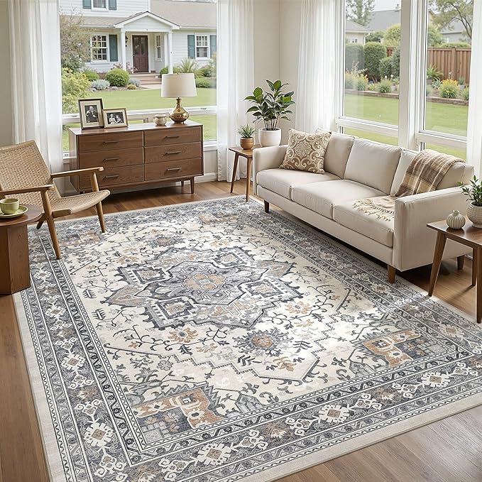 UERMEI 6x9 Area Rug Living Room Rugs - Washable Vintage Soft Large Rug Indoor Floor No Slip Rug Carpet for Bedroom Farmhouse Under Dining Table Home Office Decor - Grey-Orange